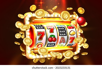 Slots 777 banner, golden coins jackpot, Casino 3d cover, slot machines. Vector illustration