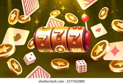 Slots 777 banner, golden coins jackpot, Casino 3d cover, slot machines. Vector illustration