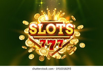 Slots 777 Label Rahmen, goldenes Banner, Grands Sieger, Vegas Spiel. Vektorgrafik