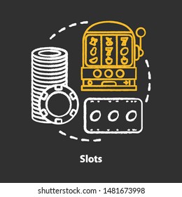 Slots chalk concept icon. One armed bandit, slot machine idea. Online gambling. Lucky seven, fruit spins. Roulette. Vector isolated chalkboard illustration
