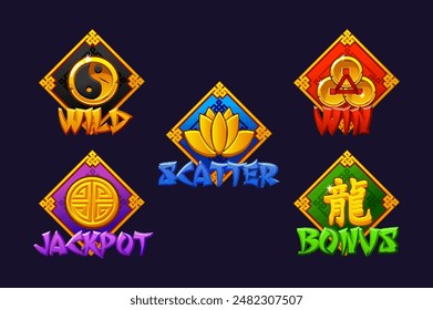 Tragamonedas Iconos chinos: Ganar, Dispersión, Salvaje, Bono y Bote en el marco de color. Iconos de estilo chino para Juegos 2D y casino o tragamonedas.