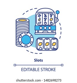 Slots concept icon. One armed bandit, slot machine idea thin line illustration. Online gambling. Lucky seven, fruit spins. Roulette. Vector isolated outline drawing. Editable stroke