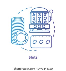 Slots concept icon. One armed bandit, slot machine idea thin line illustration. Online gambling. Lucky seven, fruit spins. Roulette. Vector isolated outline drawing