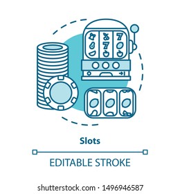 Slots concept icon. One armed bandit, slot machine idea thin line illustration. Online gambling. Lucky seven, fruit spins. Roulette. Vector isolated outline drawing. Editable stroke