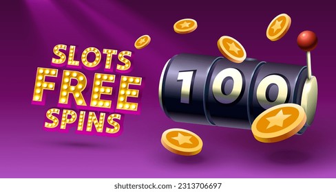 Slots free spins 100, promo flyer poster, banner game play. Vector illustration