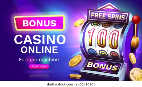 Slots free spins 100, promo flyer poster, banner game play. Vector illustration