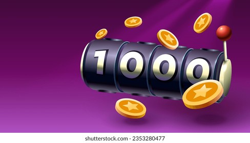 Slots free spins 1000, promo flyer poster, banner game play. Vector illustration