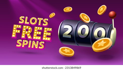 Slots free spins 200, promo flyer poster, banner game play. Vector illustration