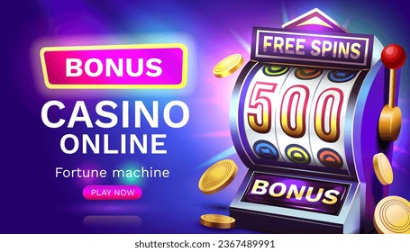 Slots free spins 500, promo flyer poster, banner game play. Vector illustration