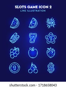 Slots game line icon set. Neon glow effect on dark blue background. Contains such Icons as ,watermelon, lemon, cherry, strawberry, coin, blast and number seven. 