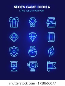 Slots game line icon set. Neon glow effect on dark blue background. Contains such Icons as chest, cup, glass, gem and gold bar. Vector illustration icon for create a 2D game.