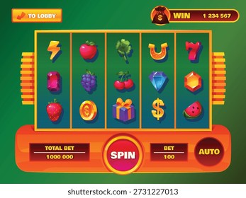 Slots Spiel Bildschirm. Casino app gameplay machine interface, web gambling design template, cartoon fruit, edelsteine und münzen symbole, wetten indikatoren, win counter, jackpot bonus, spin button aufräumen vektor konzept