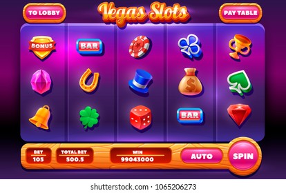 Slots Gameplay Screen .Mobile Game Assets. Collection Of Icons And Elements For The Creation Of Slot Machines.