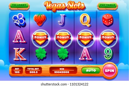 Slots Gameplay Screen .Mobile Game Assets. collection of icons and elements for the creation of slot machines.Main screen for slots game. Vector illustration
