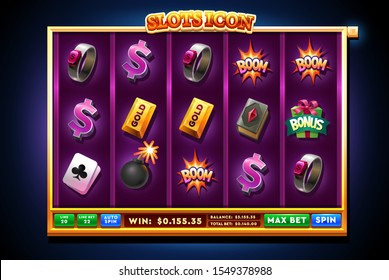 Slots Gameplay Screen. Mobile Game Assets. Collection of icons and elements for the creation of slot machine games.