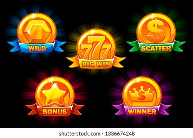 Slots icons, collections wild, bonus, scatter and winner symbols. For game, slots, game development. svg