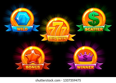 Slots icons, collections wild, bonus, scatter and winner symbols. For game, slots, game development. Icons on a separate layer