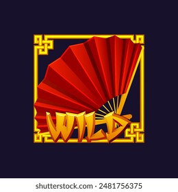 Slots icon-Wild, Chinese red folding fan in a golden frame. Vector symbol for 2D Games and Casino or Slots. Graphic elements for the development of slot machines or banners for online casinos