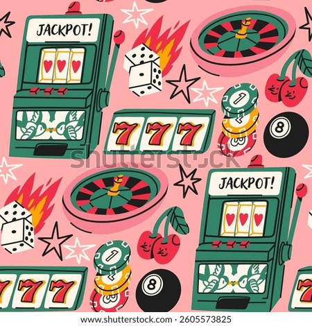 Slots machine, burning dice, roulette, chips, cherries. Hand drawn Vector illustration. Casino, gambling, jackpot, luck, poker, blackjack, tournament, fortune, game concept. Square seamless Pattern
