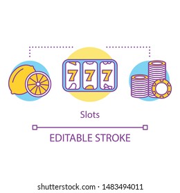 Slots machine concept icon. One armed bandit idea thin line illustration. Lucky seven, 777. Casino games & gambling. Roulette, lottery. Lucky spin. Vector isolated outline drawing. Editable stroke