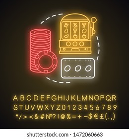 Slots neon light concept icon. One armed bandit, slot machine idea. Online gambling. Roulette. Glowing sign with alphabet, numbers and symbols. Lucky seven, fruit spins. Vector isolated illustration