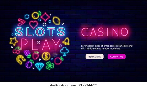 Slots play neon circle layout with headline text. Casino promotion flyer. Website landing page template. Jackpot concept. Game of chance banner. Bright logo. Vector stock illustration