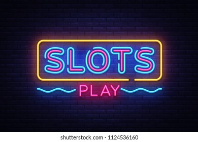 Slots Play neon sign vector. Slot Machine Design template neon sign, light banner, neon signboard, nightly bright advertising, light inscription. Vector illustration