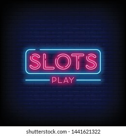 Slots Play neon sign vector with a Brick Wall Background Design template neon sign  light banner  neon signboard  nightly bright advertising  light inscription. Vector