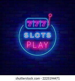 Slots play neon signboard on brick wall. Casino shiny inscription. Jackpot with seven numbers. Night club label. Editable stroke. Vector stock illustration