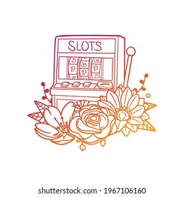 Slots Rose Flower with Vintage Machine Design. Casino Floral frame ornament vector style. Decoration Design Wreath illustration.