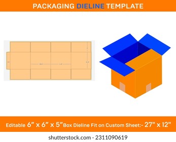 Slotted Container Carton Box  Dieline Template 6x6x5 inch