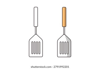 A slotted kitchen spatula turner utensil for flipping food. Features a clean black and white outline template next to a grey metallic blade and orange-handled colored reference illustration.