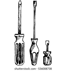 Slotted and phillips screw driver. Isolated on white background. Vector, doodle style