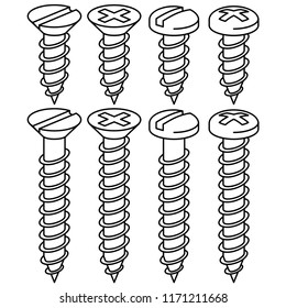 Slotted and phillips screws. Flat and round head. Isolated on white background. Vector illustration.