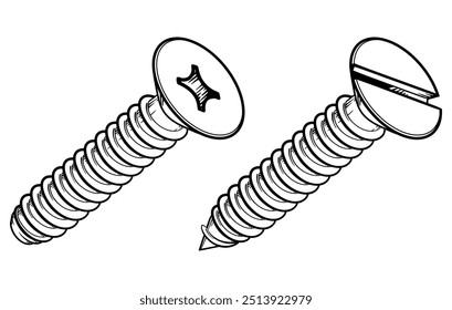 Schlitzschrauben und Kreuzschlitzschrauben.  Schraube einzeln auf weißem Hintergrund. Vektorgrafik.