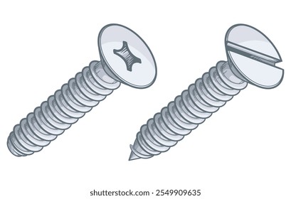 Tornillos ranurados y Phillips.  Tornillo aislado sobre fondo blanco. Ilustración vectorial.