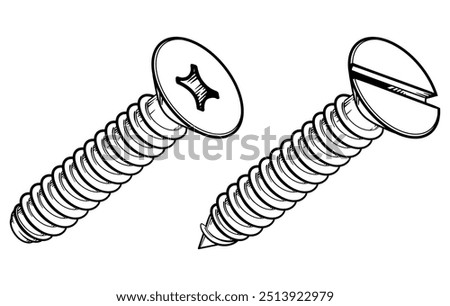 Slotted and phillips screws.  Screw Isolated on white background. Vector illustration.