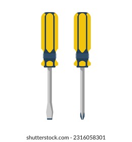 Destornillador acanalado, destornillador phillips. Herramienta profesional amarilla aislada en fondo blanco. Herramienta de artesano. Diseño plano de ilustración vectorial. 
