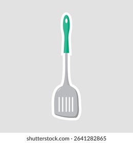 Slotted Spatula Cooking Sticker. Cute vector illustration of a slotted spatula with green handle, ideal for kitchen, cooking, and food themes