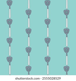 Slotted spatula seamless pattern with teal background in a flat color cartoon style breakfast concept, vector