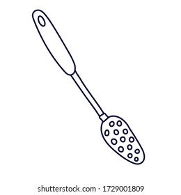 Slotted spoon in doodle style. Kitchen tool. Hand drawn vector illustration in black ink isolated on white background. 