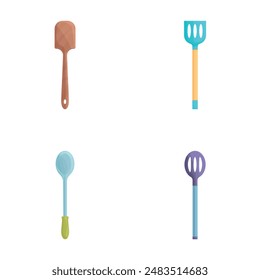 Slotted spoon icons set cartoon vector. Kitchen spatula of various shape. Kitchen utensils