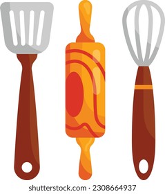 Slotted Turner, Whisk and Rolling pin concept vector color icon design, Bakery and Baked Goods symbol, Culinary and Kitchen Education sign, Recipe development stock illustration