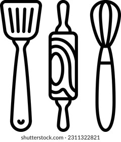 Slotted Turner, Whisk and Rolling pin concept vector line icon design, Bakery and Breadsmith symbol, Cuisine Maestro sign, food connoisseur stock illustration