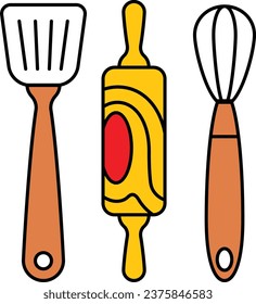 Slotted Turner, Whisk and Rolling pin concept vector icon design, Bakery and Baked Goods symbol, Culinary and Kitchen Education sign, Recipe development stock illustration