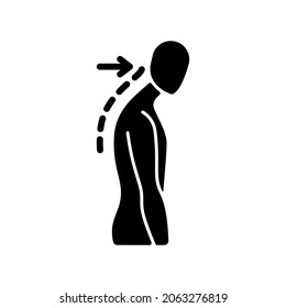 Slouching black glyph icon. Poor posture. Forward head. Body looking down. Walking incorrectly. Muscles in neck, shoulders disruption. Silhouette symbol on white space. Vector isolated illustration