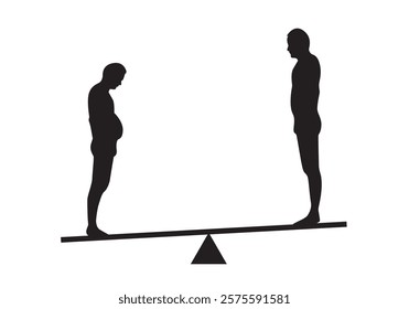 Slouching Obese Man Overweights Slim Man on Scales Silhouette. People and health care concept vector art