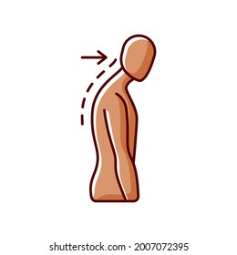 Slouching RGB color icon. Poor posture. Forward head. Body looking down. Walking incorrectly. Muscles in neck, back and shoulders disruption. Pressure on bones. Isolated vector illustration