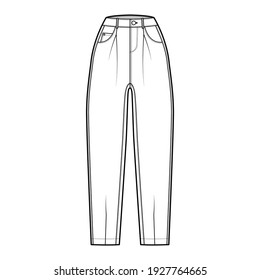 Slouchy Jeans Denim pants technical fashion illustration with ankle length, normal waist, high rise, 5 pockets, Rivets, oversized. Flat bottom template front white, color style. Women, men, CAD mockup