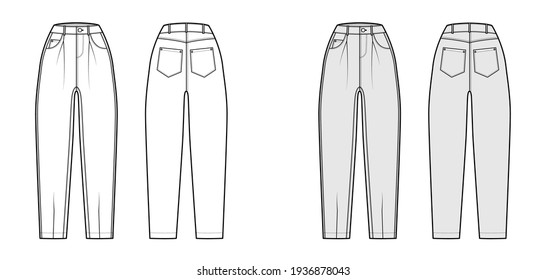 Jeans Slouchy Denim pantalones ilustración de moda técnica con longitud de tobillo, cintura normal, 5 bolsillos, sobredimensionados. Plantilla plana inferior de color blanco trasero delantero, color gris. Mujeres, hombres, maquillaje de CAD unisex